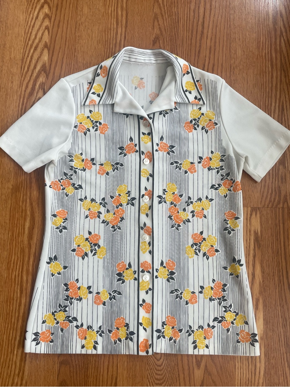 Vintage Floral Rose Print Button Front Blouse White Striped Top Size M/L